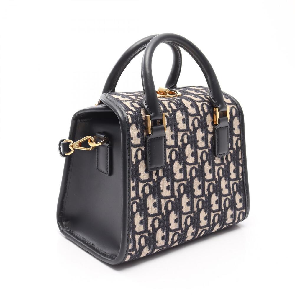 Dior Leather Bag Tote Blue Navy Beige Tan Canvas Oblique
